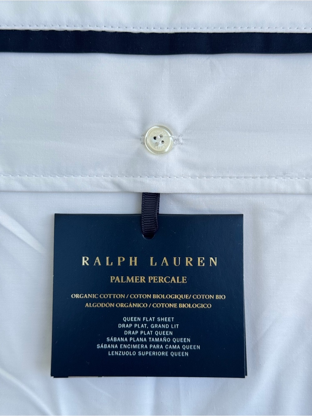Ralph Lauren Palmer Percale Queen Flat Sheet Organic Cotton 464TC Navy Trim NWT - Picture 3 of 8